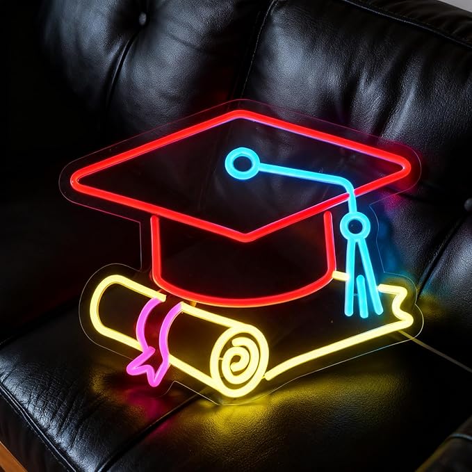 Congrats Grad Neon Sign with Cap & Diploma - 3-Color Red Yellow Ice Blue Graduation Decorations 2026, 10-Level Dimmable LED Wall Light, USB Powered Gift for Graduate, 14.5"x12.6"
