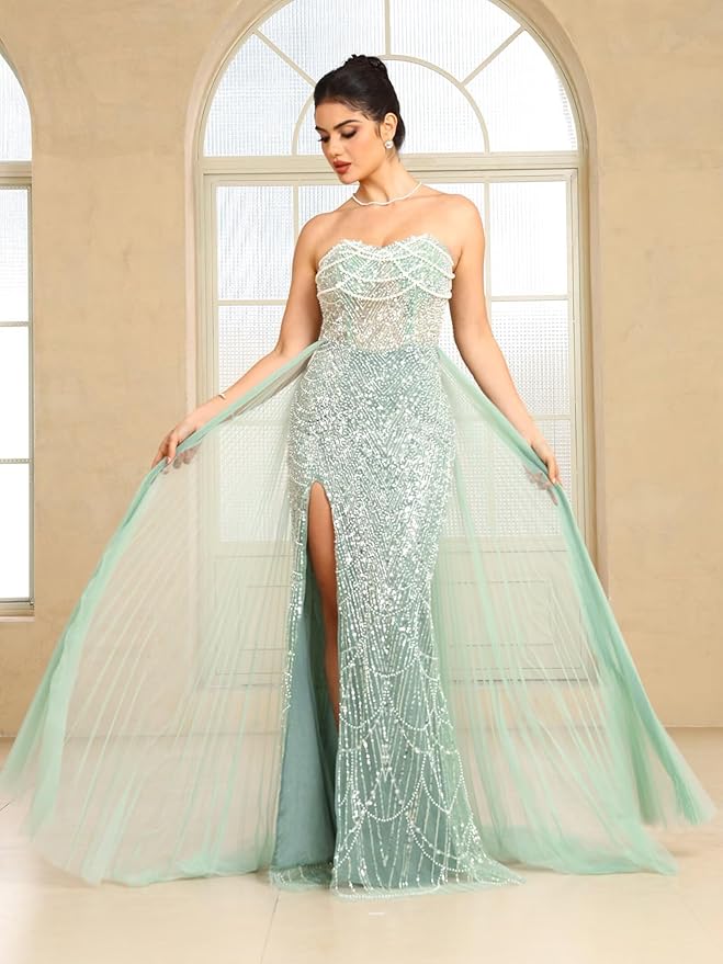 BABYONLINE D.R.E.S.S. Women's Handmade Sequin Evening Gown, Strapless Formal Dress with Side Split, Mesh Overlay 3200