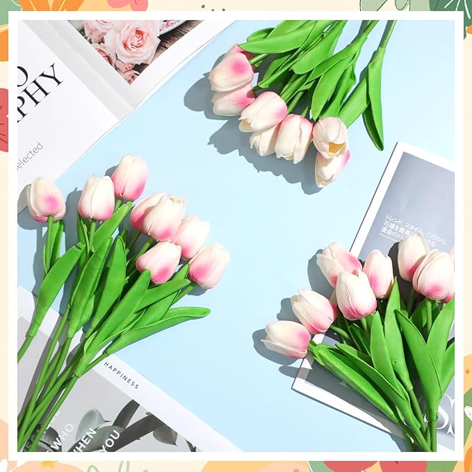 Jexine 100 Pcs Artificial Real Touch Tulips Fake Artificial Tulip Flower Bulk Bouquet with Stem for Table Centerpieces Wedding Bridal Easter Mother's Day Garden Home Decor, 13.4''(Light Pink)