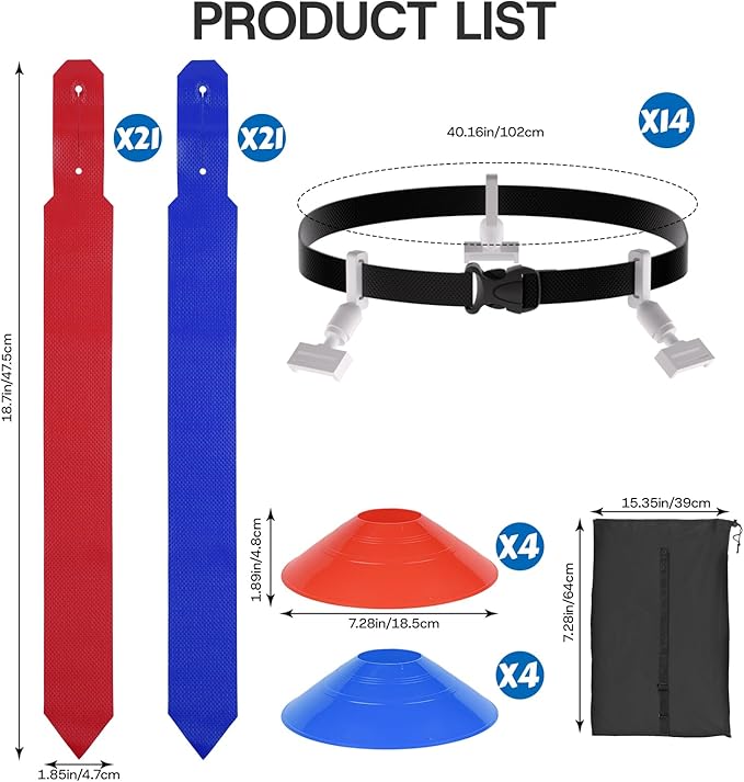 14 Player Flag Football Belts Adjustable Football Set with 42 Flags 8 Cones and 1 Bag for Youth Adults Kids Training