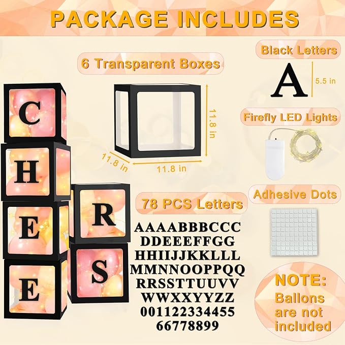 Ledido Transparent Balloon Boxes, Clear Balloon Boxes with 6 Pcs String Lights and 78 Letters for Baby Shower Gender Reveal Grad Birthday Party Anniversary Bridal Wedding Decor - 6 Black Boxes