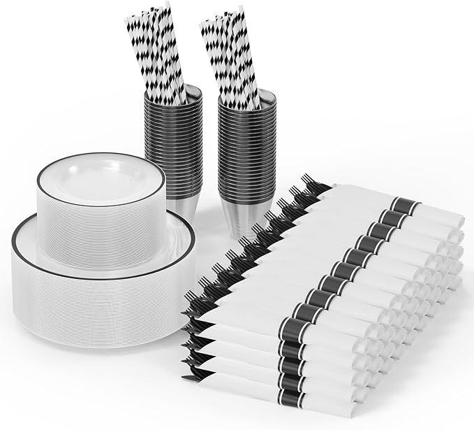 ROVSUN 400 Piece Black Disposable Dinnerware Set for 50 Guests, Clear Plastic Plates for Party, 50 Pre-Rolled Napkins,Silverware,Dinner & Dessert Plates,Cups,Straws for Wedding Birthday Event