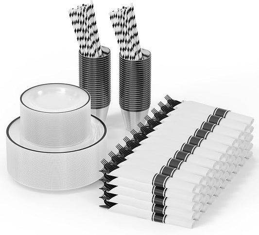 ROVSUN 400 Piece Black Disposable Dinnerware Set for 50 Guests, Clear Plastic Plates for Party, 50 Pre-Rolled Napkins,Silverware,Dinner & Dessert Plates,Cups,Straws for Wedding Birthday Event