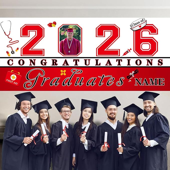 Custom Photo Graduation Garage Door Banner Personalized 2026 Grad Banner 7x16ft Porch Door Sign Decoration Outdoor Photo Booth Backdrop Party Supplies(Nurse Red)