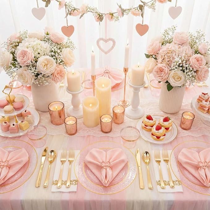 DaYammi 175 Pcs Pink Plastic Plates Dinnerware Set (25 Guests), Pink Disposable Plates, Hammered Party Platos Set Include Dinner Platos, Dessert Plates, Cups, Cutlery for Valentine's Day Party