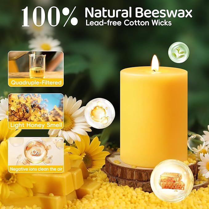 Natural Beeswax Pillar Candles Set of 3,Pure Beeswax Candles 213 Hours Long Burning,Unscented 100% Bees Wax Candle for Home,Emergency,Dripless Smokeless Organic Pillar Candle Bulk-3x3in,3x4in,3x6in