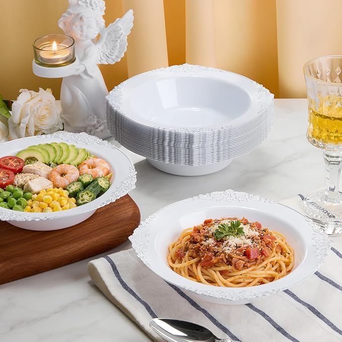 100 Pack White Plastic Bowls with Silver Relief Rim, 12oz Plastic Salad Bowl, Disposable Bowls for Party, Dinners, Weddings, Christmas, Thanksgiving, Valentine's Day