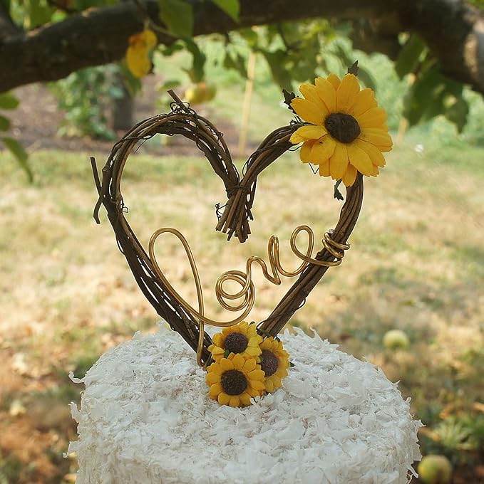 Love Cake Topper in Grapevine Twigs and Sunflowers for Engagement Party, Rustic Bride Shower, Wedding Receptions
