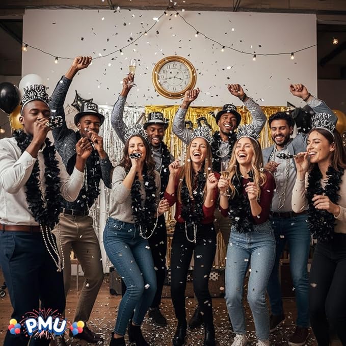 PMU New Year's Eve Party Supplies New Year's Eve Decorations Supplies, 2026 Silver Legend Illusion Party Kit Assortment for 100 persons - Outfits for Adults, Men and Women (100/psn) Pkg/1