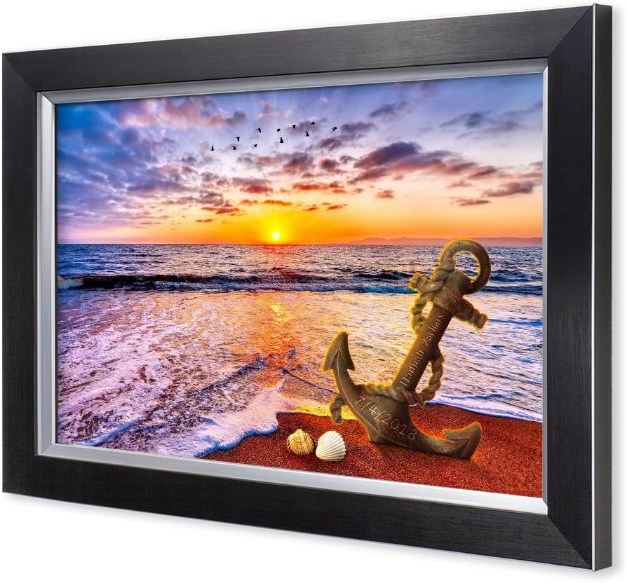 IPIC - "Anchored in Time Personalized Framed Wall Art, Custom Beach Sunset Canvas Print with Name and Date, A Personalized Gift for Couple, Wedding, or Anniversary, Coastal Home Decor