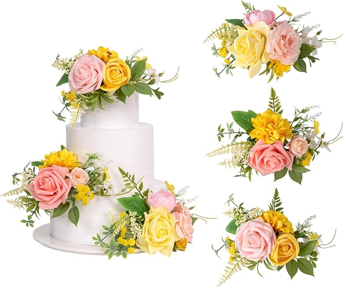 TINGE TIME 3Pcs Pre-made Cake Toppers，Silk Artificial Flowers Decor，Cake Decorations for Weddings, Birthdays, Party,Baby Shower,Celebration (PeachPink&Yellow)
