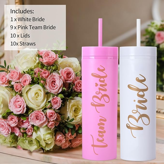 10 Pack Skinny Tumbler | 16 oz Bride & Team Bride Tumblers | Bachelorette Party Cups | Engagement Wedding Gifts Bridesmaids Mugs Bachelorette Party Supplies & Games (Pink)