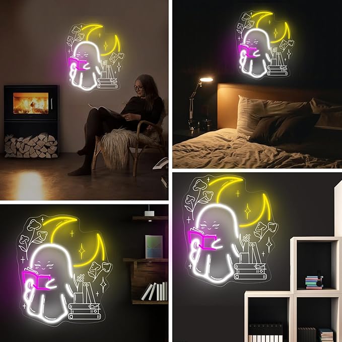 Ghost Reading Book Neon Sign Boo Reading Books Bedroom LED Lights Wall Decoration Neon Sign Decoration, Gift for Bookworm, 14.8"x13", Pink