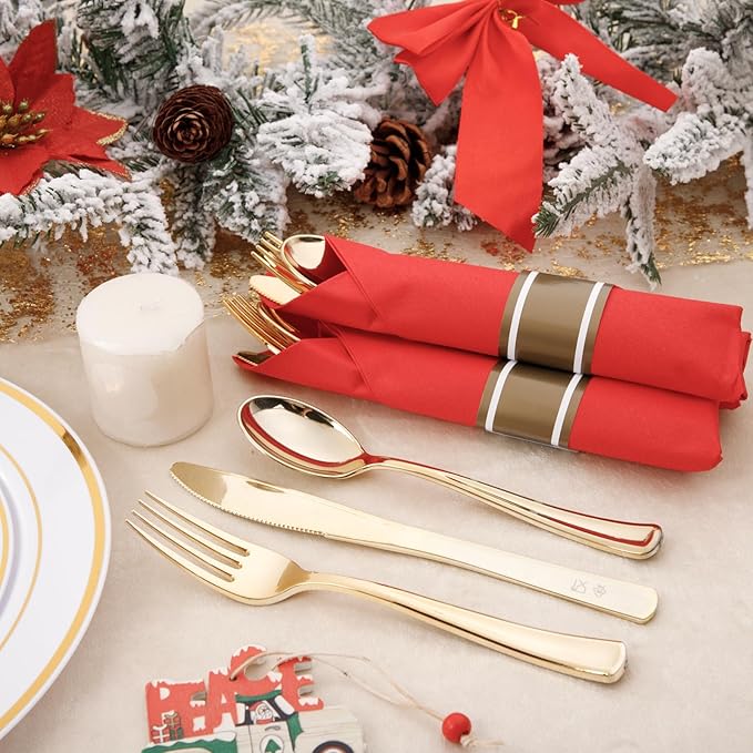 Nervure 400PCS Pre Rolled Gold Plastic Silverware Sets - Heavy Duty Gold Cutlery - Include 100 Pack Wrapped Disposable Utensils with Red Napkins for Christmas & Party & Wedding