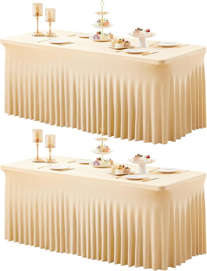 2 Packs Dark Champagne Table Clothes for 6 Foot Rectangle Tables, One-Piece Wrinkle Resistant Stretch Spandex Table Covers with Skirt for Event Banquet Wedding Birthday Party