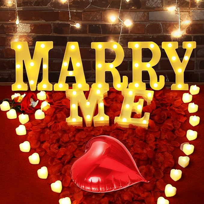 Marry Me Light Up Letters Proposal Decorations Marry Me Sign 24 LED Candles 2000 Rose Petals 10 Foil Balloon 10ft Carpet Runner Rose Ring Box for Valentine's Day Wedding Proposal Engagement (Warm)