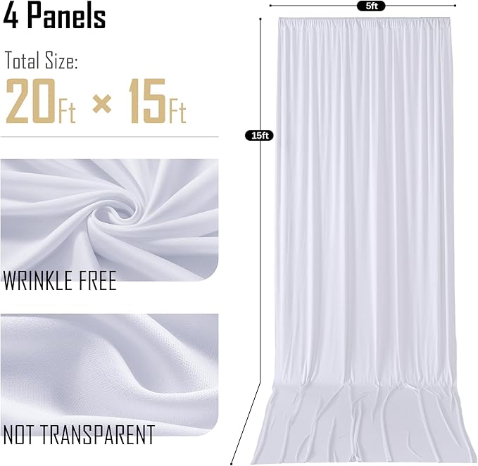 gogoparti 20x15 ft White Backdrop Curtain for Weddings & Parties - 4-Panel Wrinkle-Free Polyester Drape, 15 FT Long for Birthday, Baby Shower, Halloween Photography Background