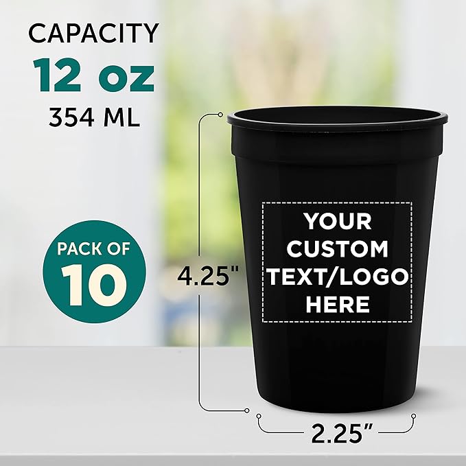 Custom Disposable Plastic Cups 12 oz. Set of 10, Personalized Bulk Pack - Perfect for Summer, Sporting Events, Birthdays, Weddings, Picnic, Beach, Parties - Black