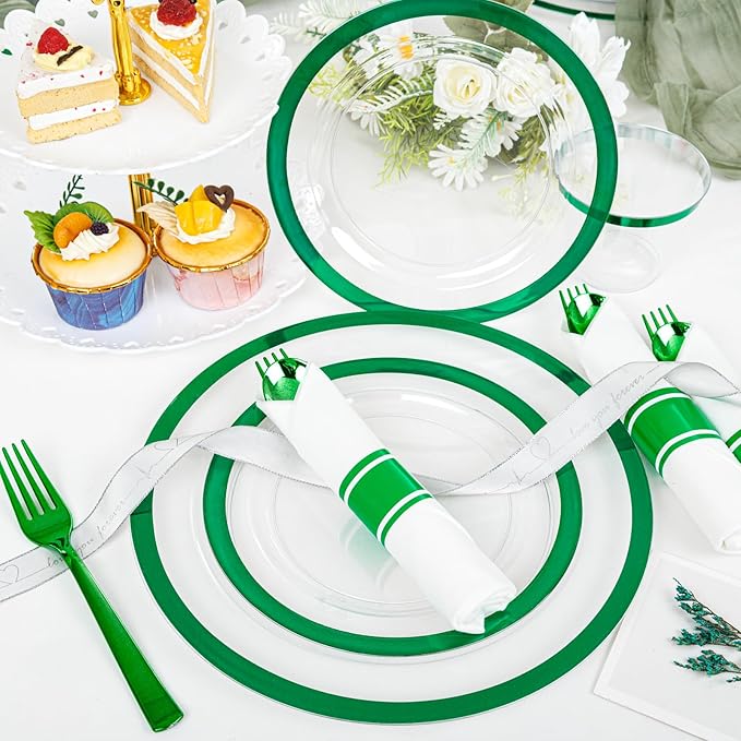 I00000 210 Pcs Green Plastic Plates-St. Patrick's Day Green Dinnerware for Party, Include 30 Dinner and 30 Dessert Plates,30 Plastic Cups 9 OZ,30 Per Rolled Napkins with Cutlery for Party