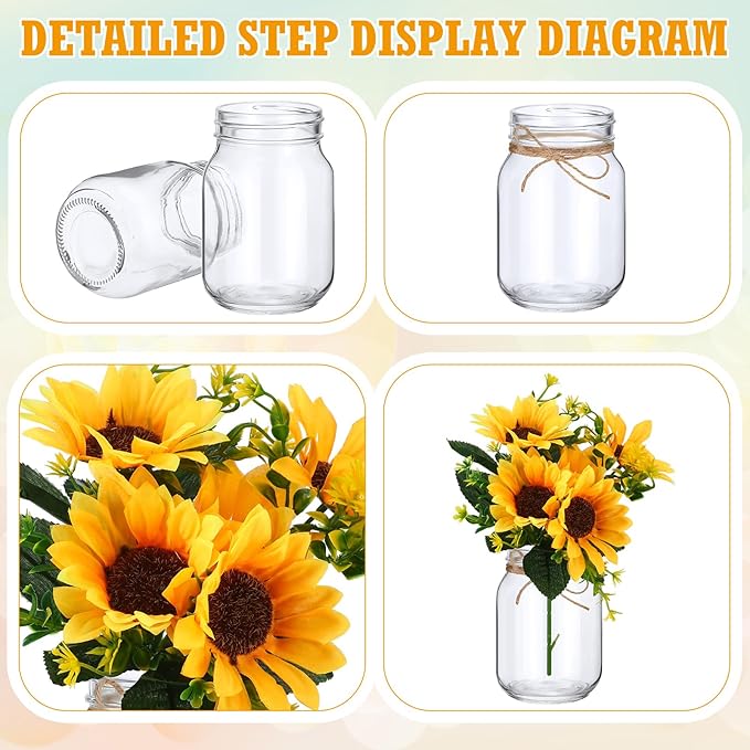 XunYee 10 Set Mason Jar Table Centerpiece with Flower Mason Jar Flower Centerpiece Vases Decor for Engagement Party Bridal Shower Centerpieces Wedding Reception Table Decor(Sunflower)