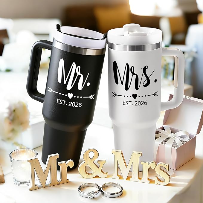 Qtencas Mr and Mrs Gifts, Wedding Gifts for Couples 2026, Mr & Mrs Insulated Tumblers Set, Anniversary Engagement Wedding Gift for Newlyweds Couples Bride and Groom (Black & White)