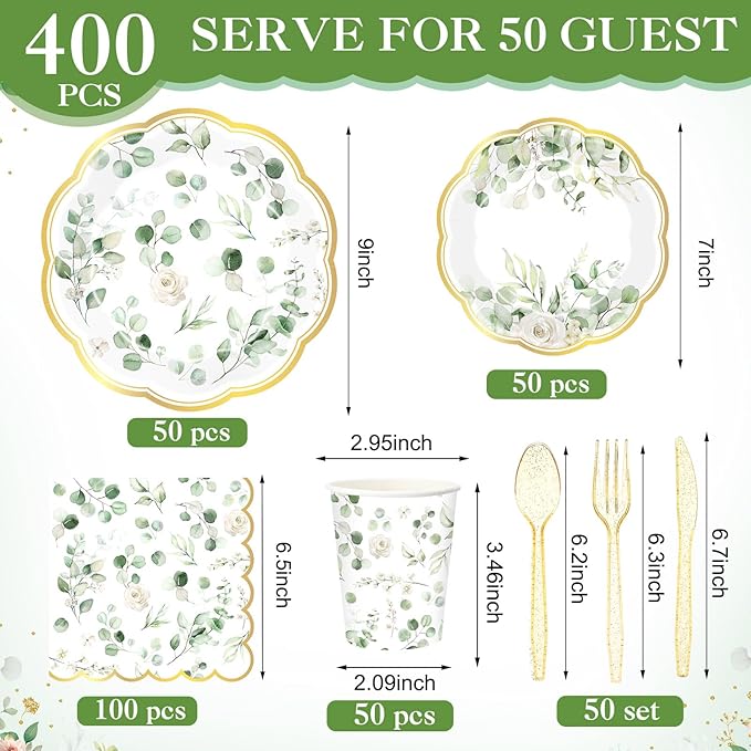 400 Pcs Sage Green Color Party Supplies Serve 50 Guests Eucalyptus Flowers Disposable Paper Plates Napkins and Cups for Bridal Baby Shower Birthday Wedding Party Decorations(Vivid)