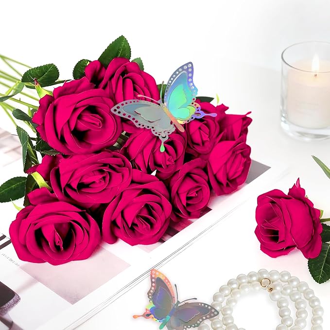 100 Pcs Fake Burgundy Red Roses Artificial Flowers Bulk, Faux Velvet Silk Rose Bouquet with Long Stems Real Look for Wedding Party Centerpieces Vases Decor