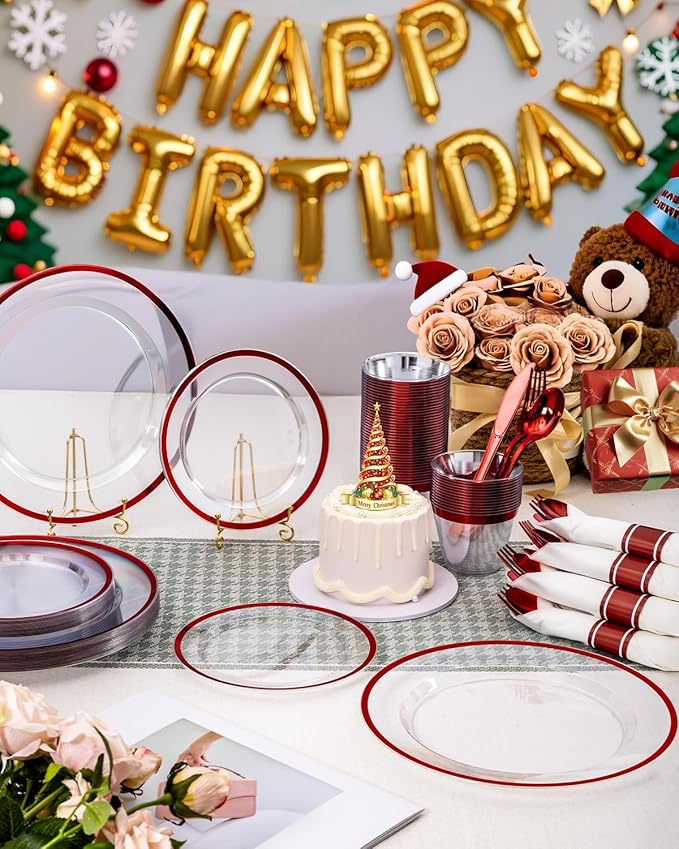 350PCS Disposable Clear Red Dinnerware Sets for 50 Guests, Plastic Plates for Party, 100 Plastic Plates, 50 Cups,50 Pre-Rolled Napkins with Cutlery for Parties, Christmas, Wedding