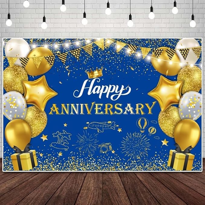 ChloropLastid Happy Anniversary Backdrop Blue Gold Anniversary Decorations for Party Banner 50th 60th Anniversary Birthday Wedding Supplies Photo Booth Props Background 10X8FT