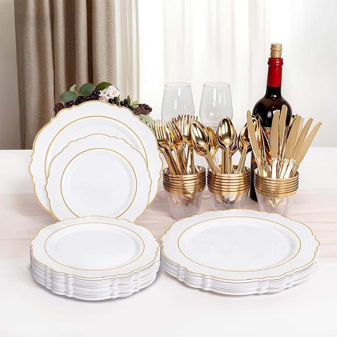 Liacere 700PCS Gold Plastic Plates - Baroque Dinnerware Sets for 100 Guests - 200 Disposable Plates（10inch，7inch）, 300 Gold Plastic Silverware, 100 Cups, 100 Napkins for Wedding & New Year