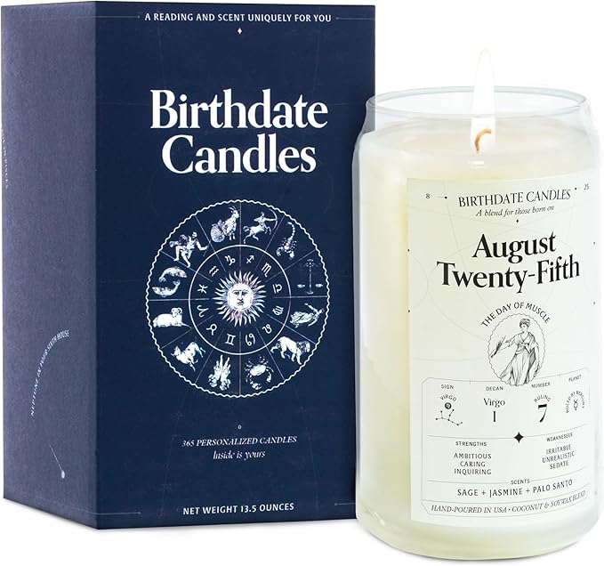 Birthdate Candles, August 25 - Virgo Zodiac Scented Candles Birthday Gift - Sage, Jasmine & Palo Santo Scent - All-Natural Soy & Coconut Wax, 60-80 Hour Burn Time - Made in USA