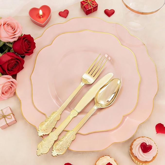 NOCCUR 175PCS Pink Plates with Gold Disposable Silverware - Include 50 Pink Plastic Plates,25 Knives,25 Forks,25 Spoons,25 Cups and 25 Napkins - Ideal for Party/Wedding/Valentines Day