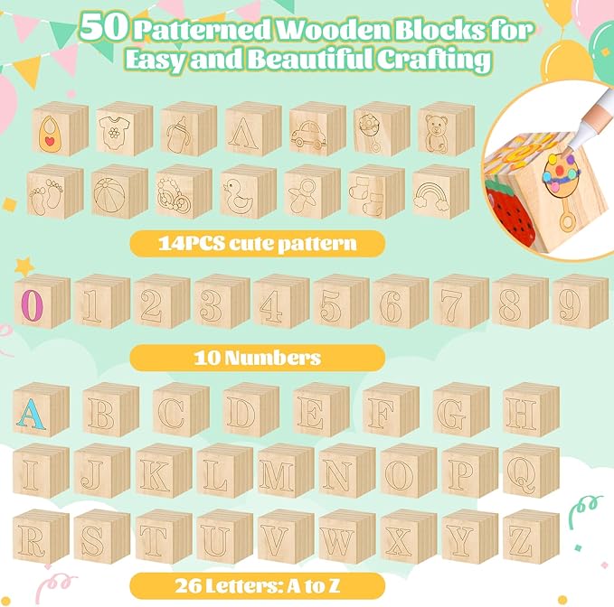 Baby Shower Blocks Game Set with Wooden Box, Acrylic Markers & Wooden Sign for Baby Shower Games, Gender Reveal & Decorations (GreenLeaves)