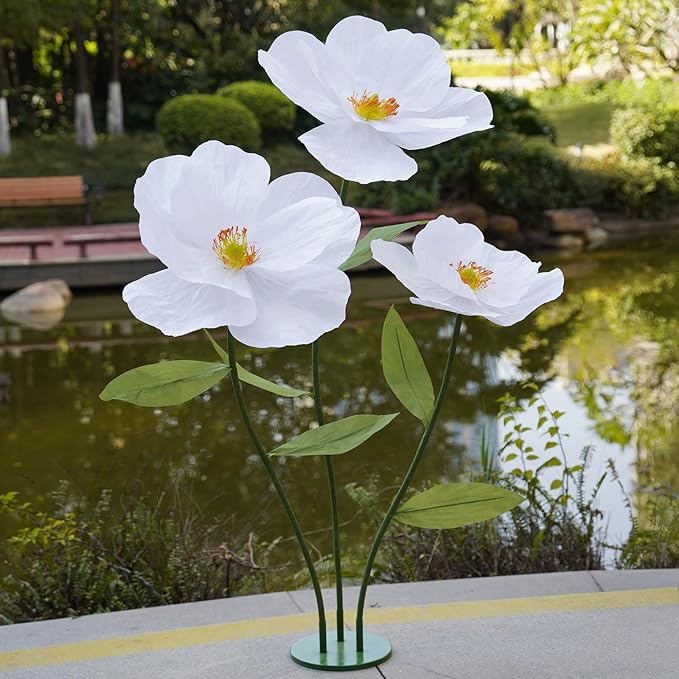 Large Paper Artificial Flowers,Giant Flowers for Decoration,Huge Handcrafted Poppy Fake Flowers with Stand for Home Decor Bridal Shower Party Outdoors Yard Event Backdrop Decor (White)
