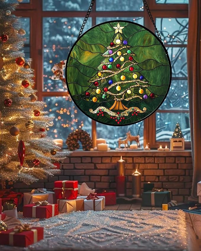 Stained Glass Window Hanging - Green Christmas Tree with Colorful Lights Suncatcher for Doors Home Christmas Decoration Sun Catcher Thanksgiving New Year Birthday Gifts for Women Men Mom Nana 11.8 in