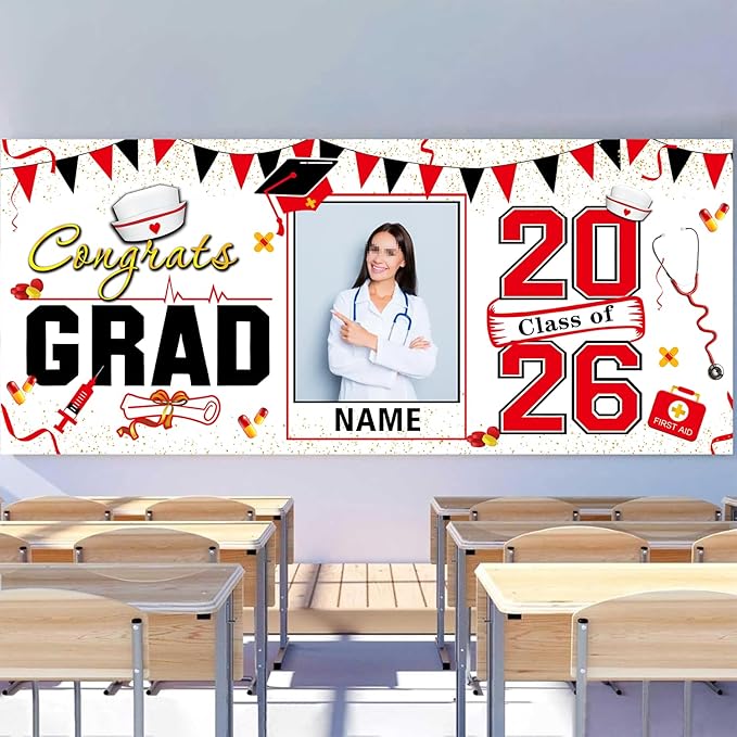 Custom Garaduation Garage Door Banner Cover 16 x 7 ft Class of 2026 Congrats Grad Party Backdrop Personalized Graduation Decoration(Red and White)