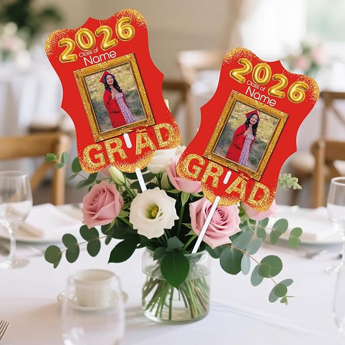 Personalized Graduation Double Sided Face Fan Class of 2026 Customized Graduation Head Face Cutout with Handle Fun Photo Prop Supplies(A-Red and Gold,12pcs)