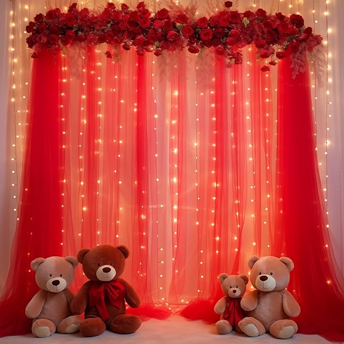 10x10ft Red Tulle Backdrop Curtain with Lights String for Parites, Sheer Photo Backdrop Curtains with Lights for Valentines Wedding Backdrop Ceremony Reception Bridal Baby Shower Birthday Party
