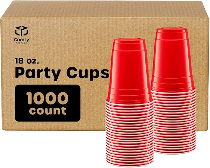 GUSTO [Case of 1,000] 18 oz. Disposable Plastic Red Cups, Party Drinking Cups for Events and Everyday Use