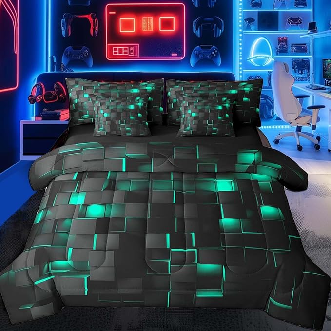 Feelyou Teal Blue and Black Bedding Set Full Size Kids Light Geometric Comforter Set with Sheets 7 Piece Bed in a Bag forModern Bed Set with Comforter,Sheets,Pillowcases,Cushion Covers
