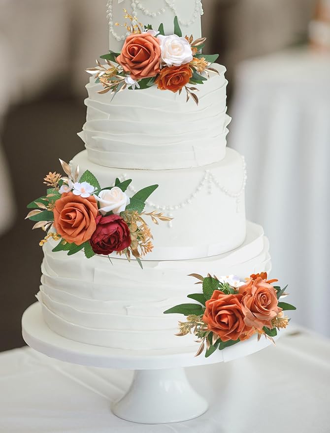 Marriwise 3Pcs Pre-made Cake Toppers Flowers, Burnt Orange Wedding Cake Decoration,Artificial Flowers Decor for Wedding Ceremony Anniversary,Birthday Party,Fall Vintage (Burnt Orange)