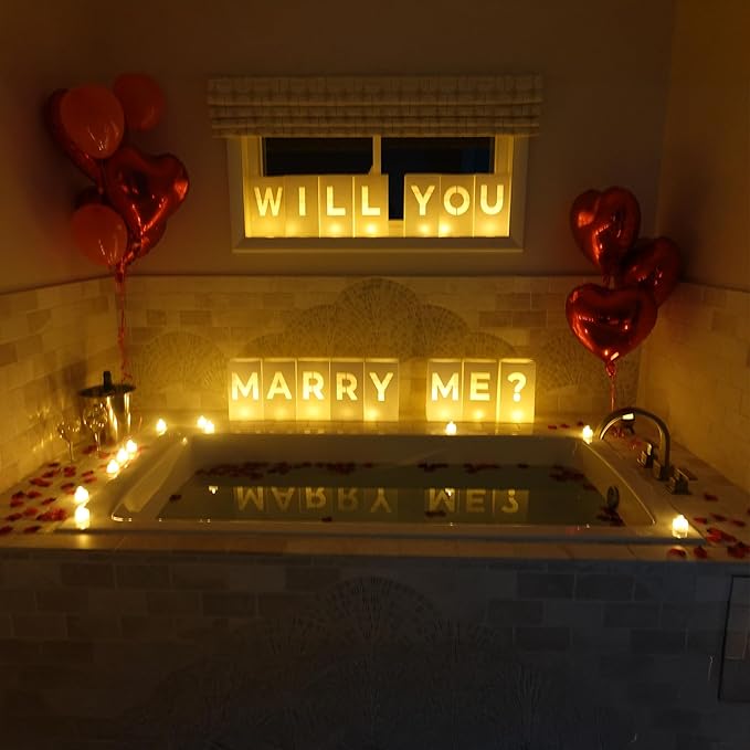 Will You Marry Me? Luminary Bags with LED Tea Light Candles, Balloons, and Rose Petals – Romantic Decorations for Proposals, Anniversaries, and Special Moments