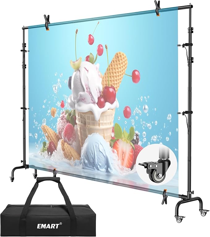 EMART 10x7.7ft Rolling Backdrop Stand with Wheels, Adjustable and Moveable Photo Backdrop Banner Stand for Studio Photography, Wedding, Party Decoration, Video Recording, Events Decoration