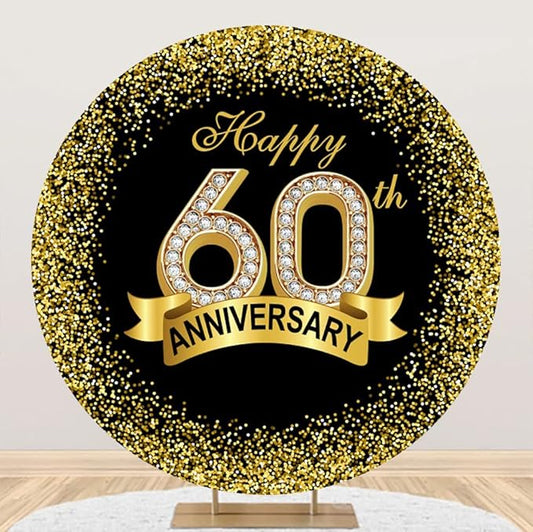 7.5x7.5ft Happy 60th Anniversary Round Backdrop Cover Luxurious Diamond Black Gold Happy 60th Years Circle Backdrop Background Gold Glitter Sequins Dots Ribbon Decor Banquet Dinner Party Props