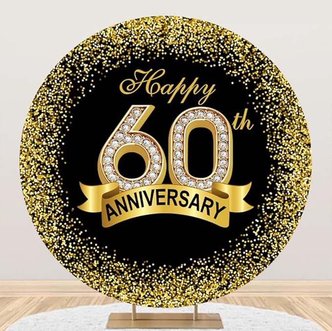 7.2x7.2ft Happy 60th Anniversary Round Backdrop Cover Luxurious Diamond Black Gold Happy 60th Years Circle Backdrop Background Gold Glitter Sequins Dots Ribbon Decor Banquet Dinner Party Props