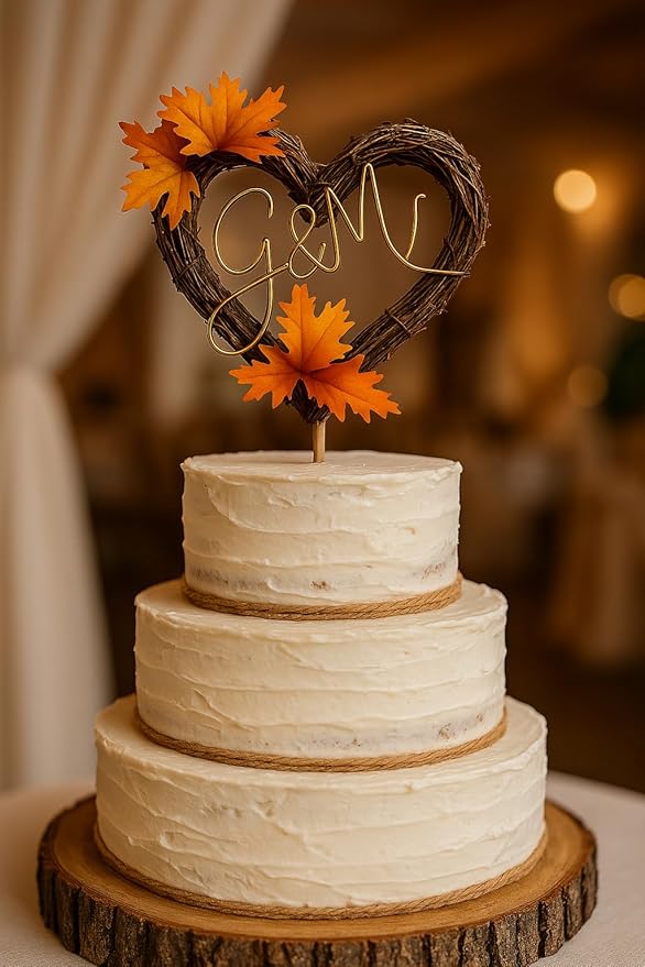 Personalized Orange Fall Leaves Cake Topper for Autumn Wedding Decor