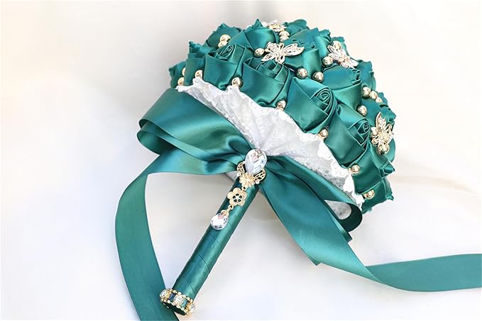 Bridal Wedding Bouquet for Bride Bridesmaid Wedding Quinceanera Throw Toss Artificial Rose Flower Bunch with Bling Brooch (07G#Dark Green, Small (Dia. 7.5"/18cm))