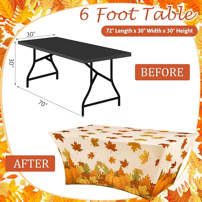 Oudain 2 Pcs Thanksgiving Stretch Table Cover 6 Feet Fall Orange Pumpkin Spandex Table Clothes Autumn Maple Leaf Acorn Party Decorations for Holiday Party Celebration Picnic Dinner Decor