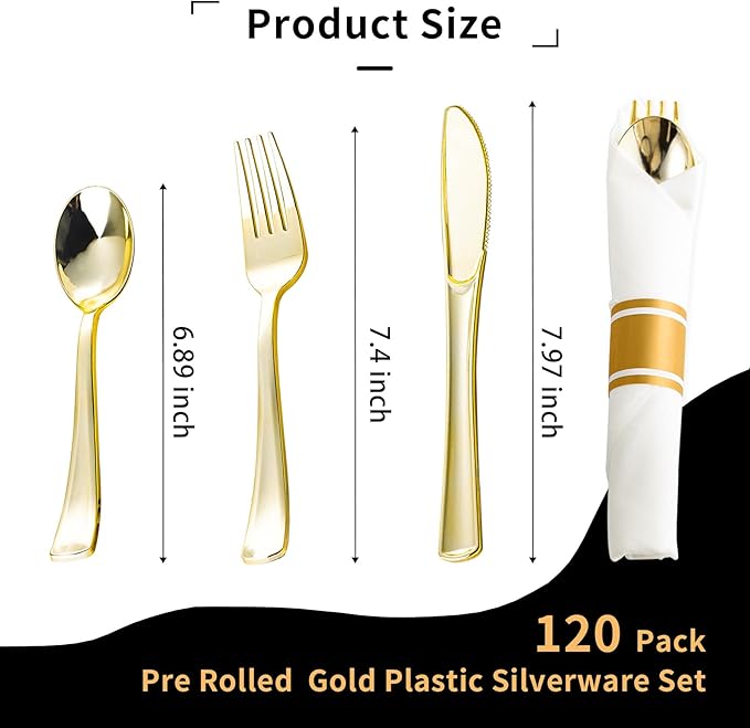 N9R 120 Pack Pre Rolled Gold Plastic Silverware Set, Wrapped Plastic Silverware Set with 120 Forks, 120 Knives, 120 Spoons and 120 Napkins, Disposable Cutlery Set for Party and Wedding