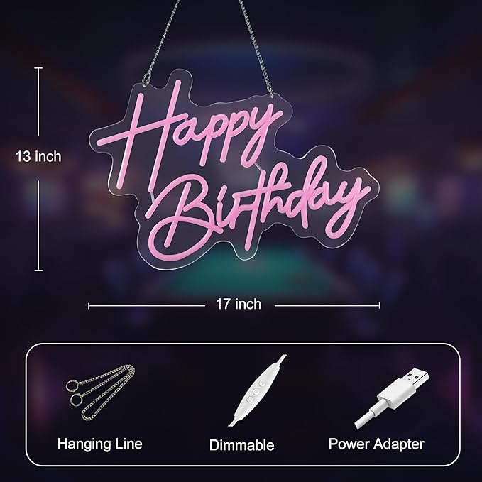 Happy Birthday Neon Sign Art Wall Lights for Beer Bar Club Bedroom Hotel Pub Cafe Wedding Birthday Party Gifts (Pink)